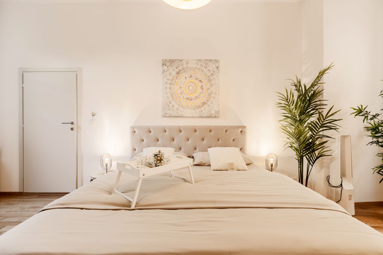 Manor suite with tufted headboard, breakfast tray and a tall indoor plant