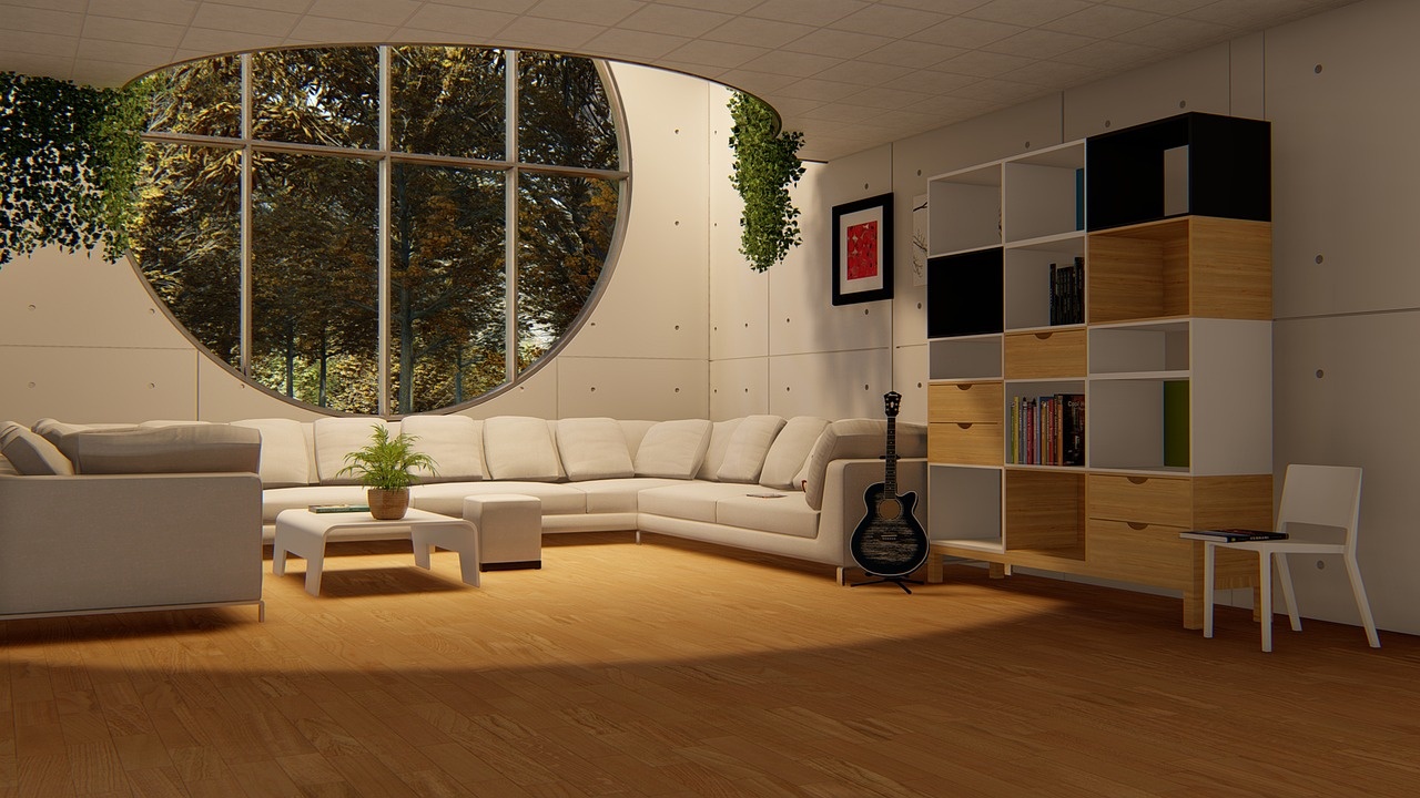 Daylit manor lounge with a circular forest window and ivory seating